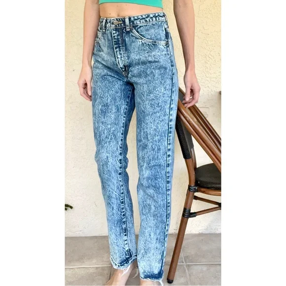 Vintage 80s EDWIN Acid Wash Blue Denim Jeans High Rise Straight Leg Raw Hem 32” - Picture 3 of 13